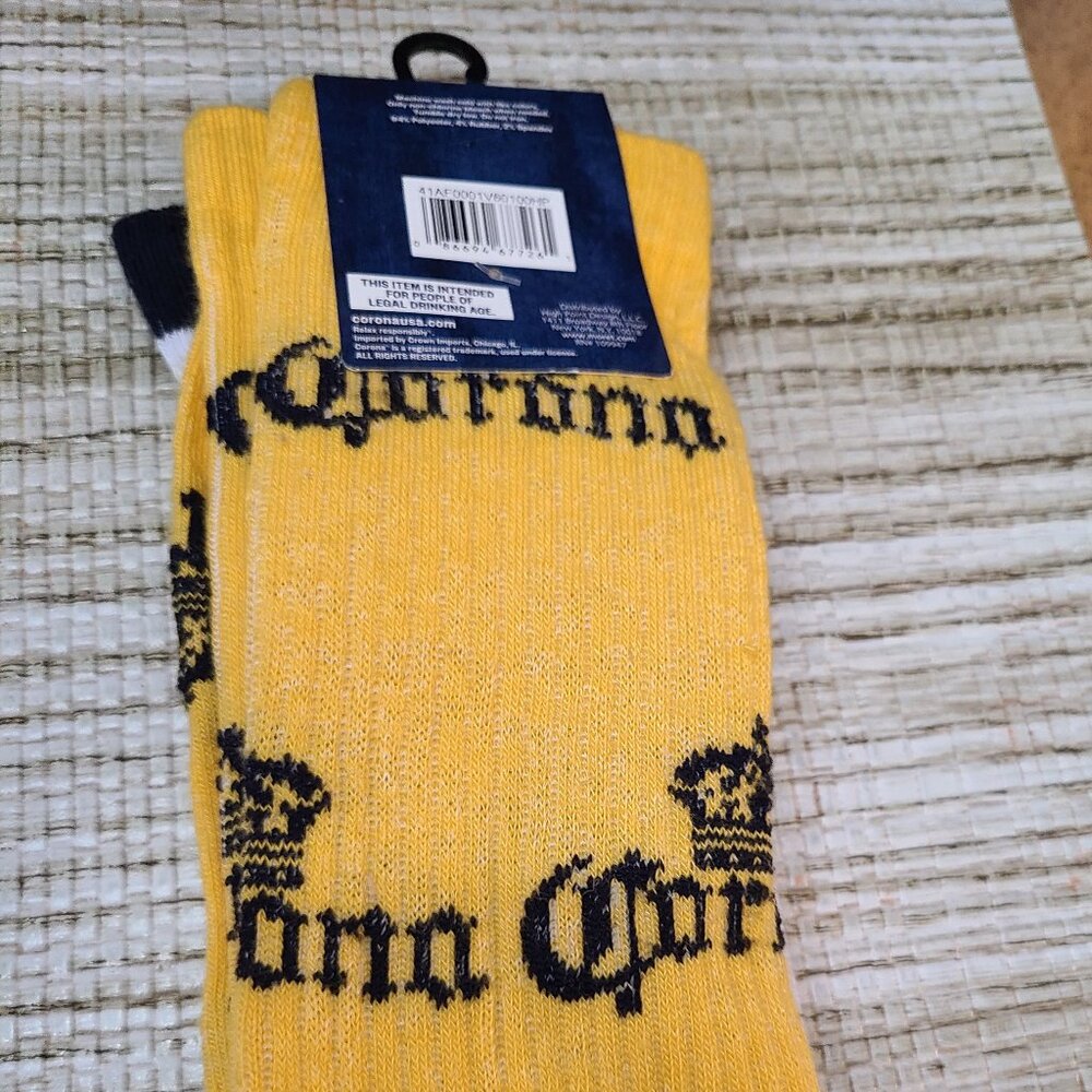 Pair of 2 Corona Beer Crew Socks Yellow White Sizes W6.5-12 / M10-13.